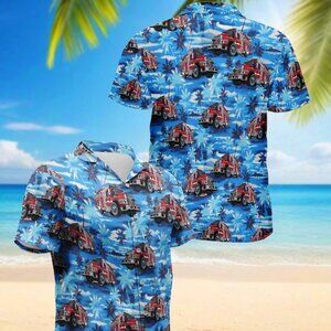 Fire Truck Firefighter Hawaiian Shirt, Blue Palm Tree Aloha Shirt for Men